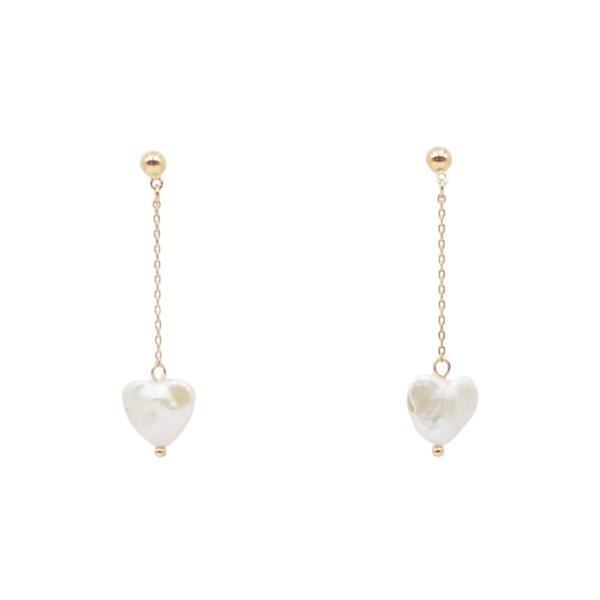 BRASS- HEART FRESHWATER PEARL CHAIN EARRING