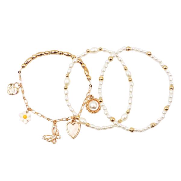 3PCS MULTI CHARM PEARL STRETCH BRACELET