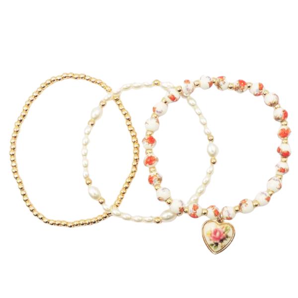 3 PCS CERAMIC BEAD HEART CHARM STRETCH BRACELET SET