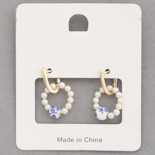 FLORAL PATTERN PEARL BEAD LINK HOOP EARRING