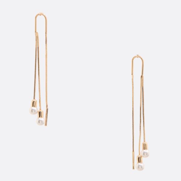 DOUBLE PEARL BEAD METAL DANGLE EARRING