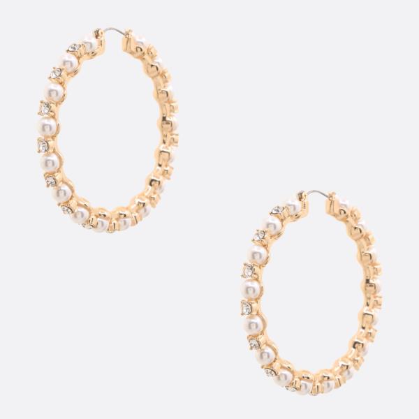 PEARL RHINESTONE HOOP EARRING