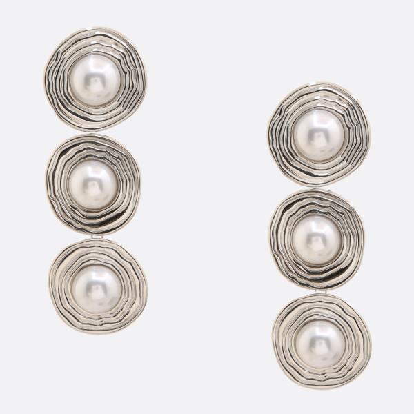 TRIPLE ROUND METAL PEARL BEAD DANGLE EARRING