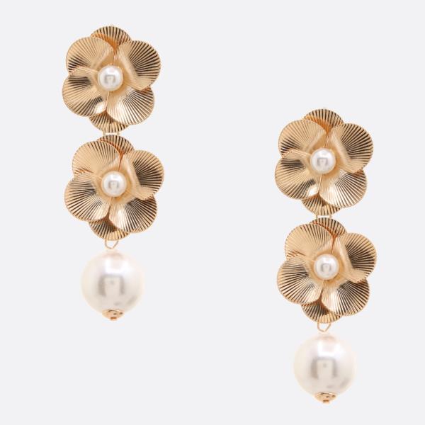 DOUBLE FLOWER PEARL BEAD DANGLE EARRING