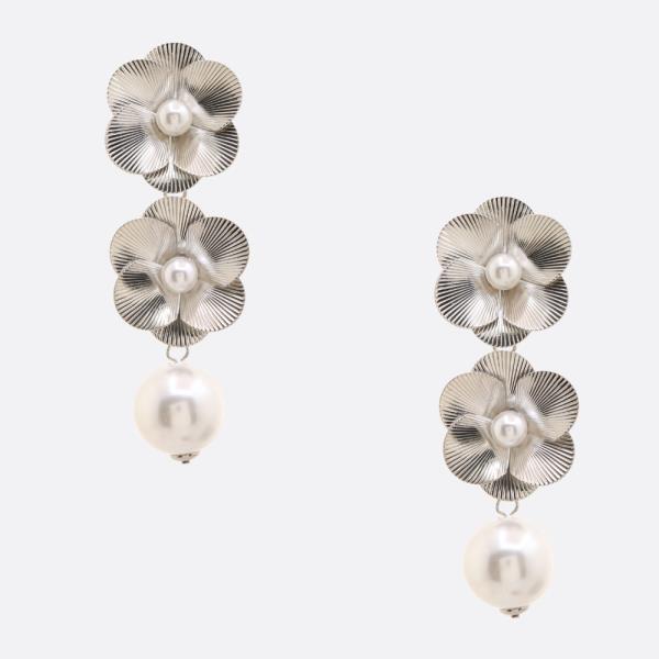 DOUBLE FLOWER PEARL BEAD DANGLE EARRING