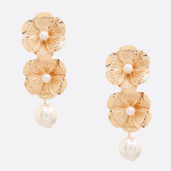 DOUBLE FLOWER PEARL BEAD DANGLE EARRING