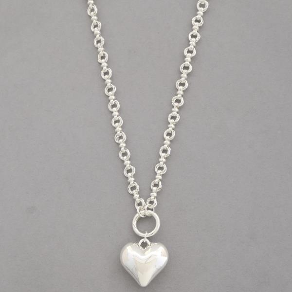 PUFFY HEART PENDANT TOGGLE CLASP CIRCLE LINK METAL NECKLACE