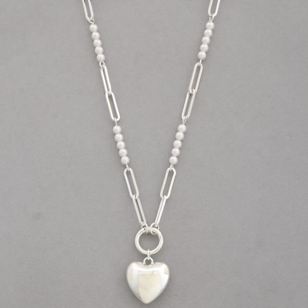 PUFFY HEART PENDANT TOGGLE CLASP PEARL BEAD OVAL LINK METAL NECKLACE