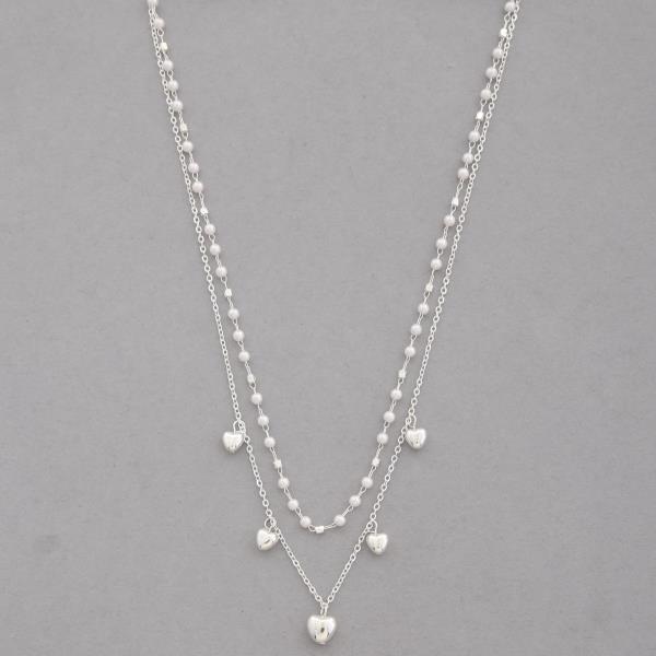 DAINTY PUFFY HEART CHARM PEARL BEAD LAYERED NECKLACE