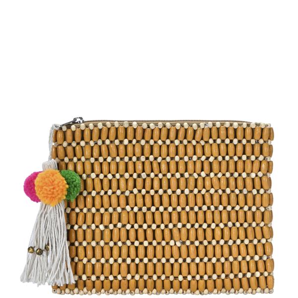 BEADED POM POM TASSEL CLUTCH BAG