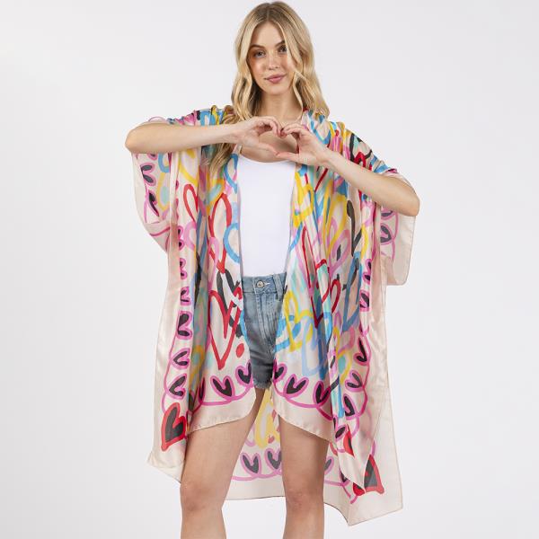 MULTI COLORED HEART PRINT SILKY FEEL KIMONO