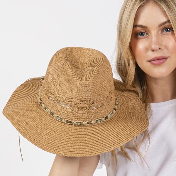 WOVEN BEADED BAND STRAW SUN HAT