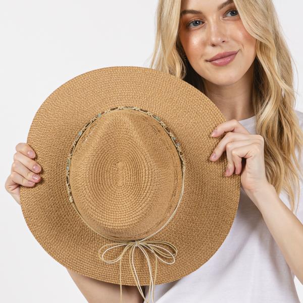 WOVEN BEADED BAND STRAW SUN HAT