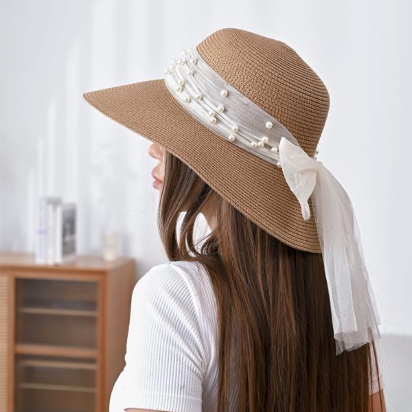 STRAW SUN HAT WITH PEARL RIBBON BAND