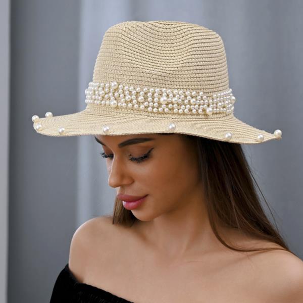 STRAW PEARL BAND PANAMA SUN HAT