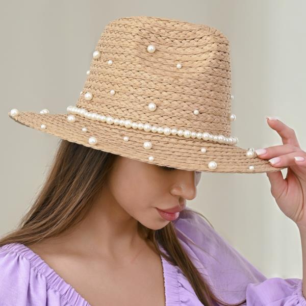 STRAW PEARL STUDDED PANAMA SUN HAT