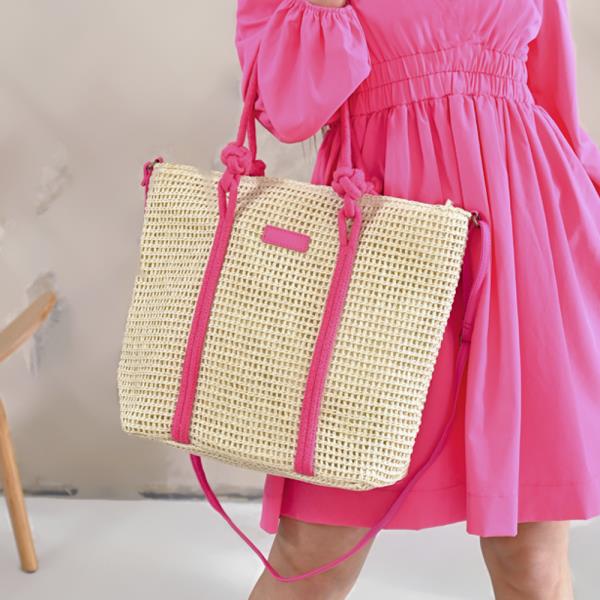 STRAW COLOR LINE TOTE BAG WITH CROSSBODY STRAP