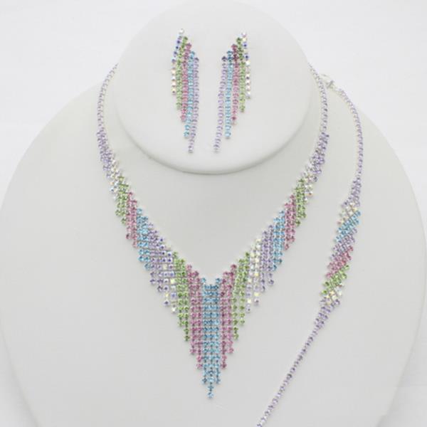 RHINESTONE V FRINGE NECKLACE EARRING BRACELET SET