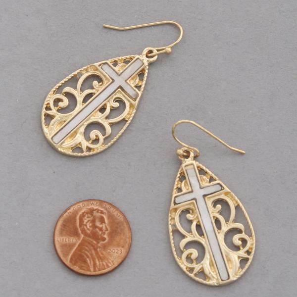 CROSS FILIGREE TEARDROP DANGLE EARRING