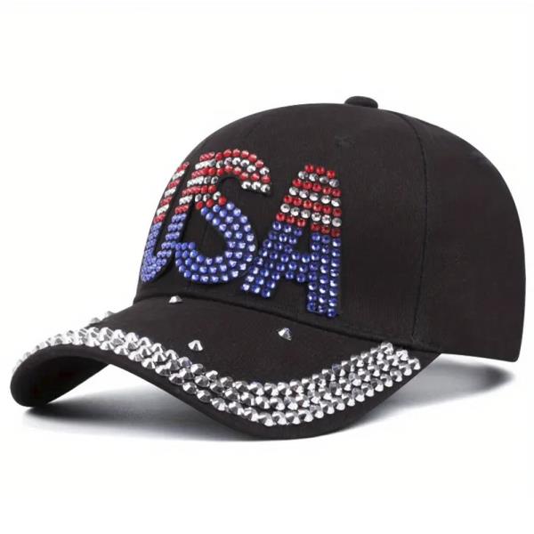 RHINESTONE USA AMERICAN FLAG COLOR FASHION CAP