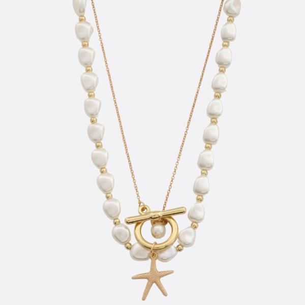 SDJ STARFISH PEARL BEAD TOGGLE CLASP LAYERED NECKLACE