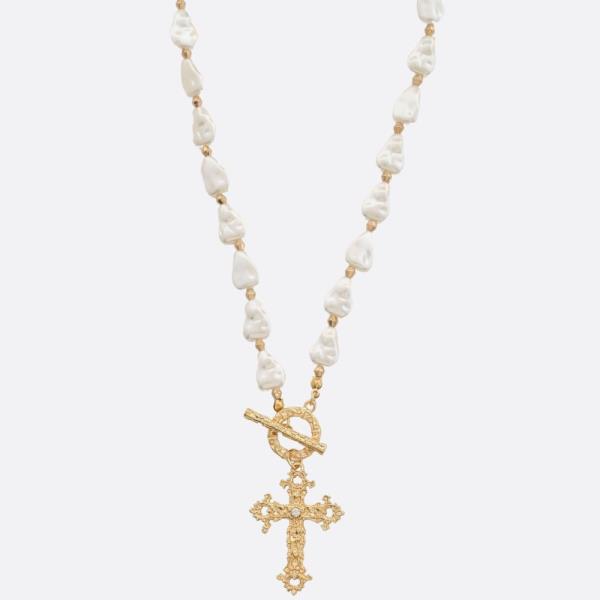 SDJ CROSS PENDANT PEARL BEAD TOGGLE CLASP NECKLACE