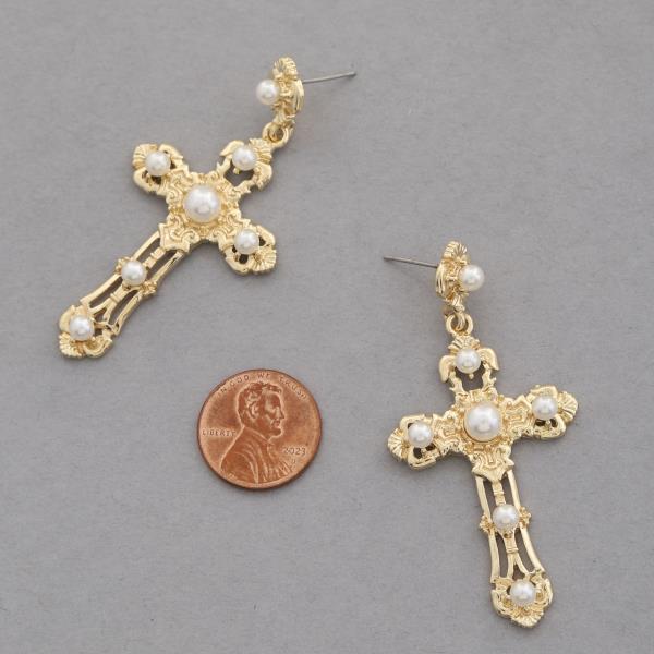 SDJ CROSS PEARL BEAD METAL DANGLE EARRING