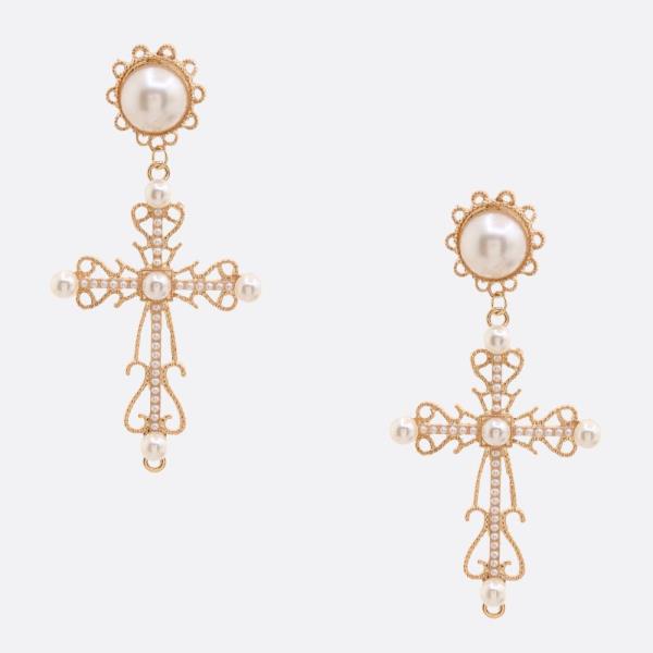 SDJ CROSS PEARL BEAD DANGLE EARRING