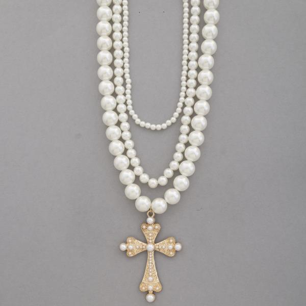 SDJ CROSS PENDANT PEARL BEAD LAYERED NECKLACE