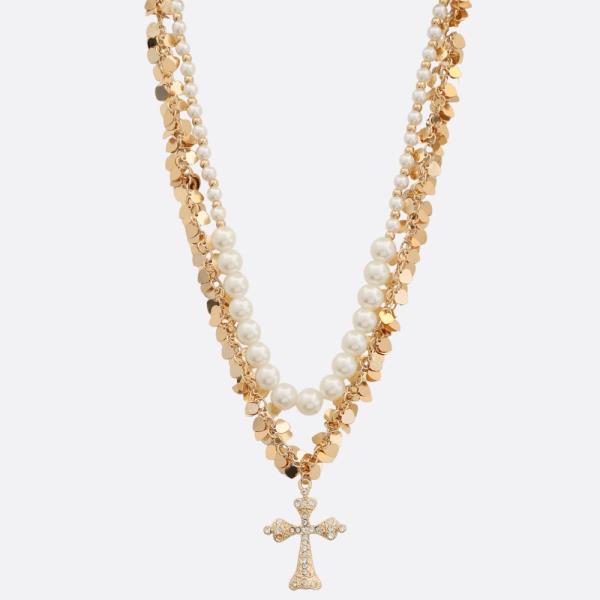 SDJ CROSS DAINTY HEART PEARL BEAD LAYERED NECKLACE