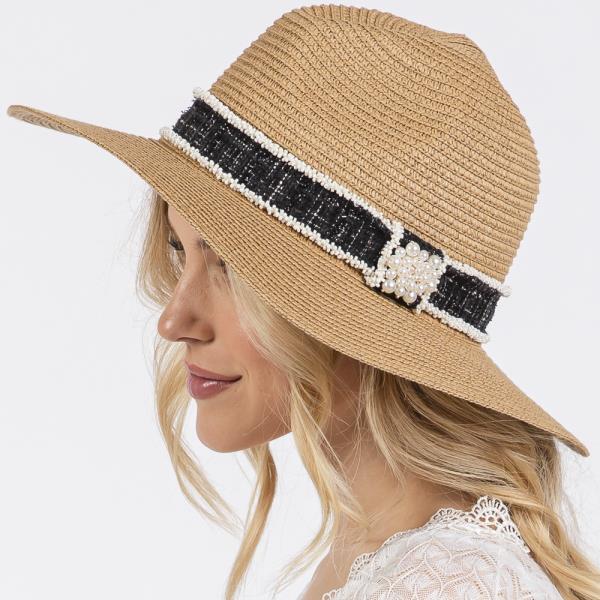 TWEED AND PEARL BAND STRAW SUN HAT