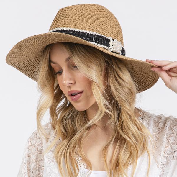 TWEED AND PEARL BAND STRAW SUN HAT