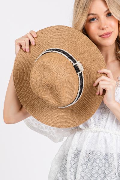 TWEED AND PEARL BAND STRAW SUN HAT