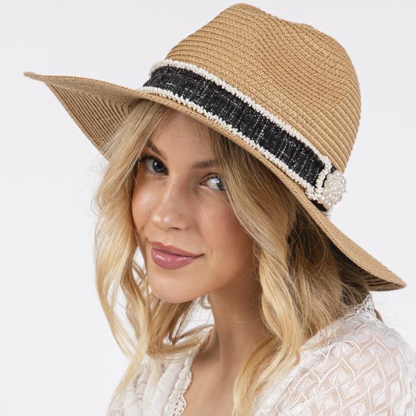 TWEED AND PEARL BAND STRAW SUN HAT