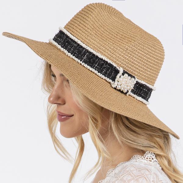 TWEED AND PEARL BAND STRAW SUN HAT