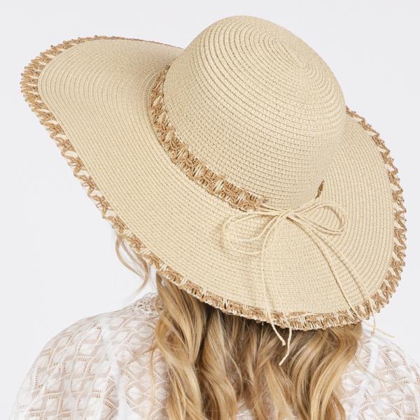 EDGE AND BAND WOVEN DETAIL WIDE BRIM FLOPPY STRAW HAT