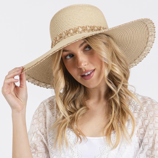 EDGE AND BAND WOVEN DETAIL WIDE BRIM FLOPPY STRAW HAT