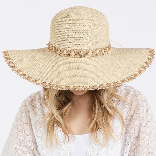 EDGE AND BAND WOVEN DETAIL WIDE BRIM FLOPPY STRAW HAT