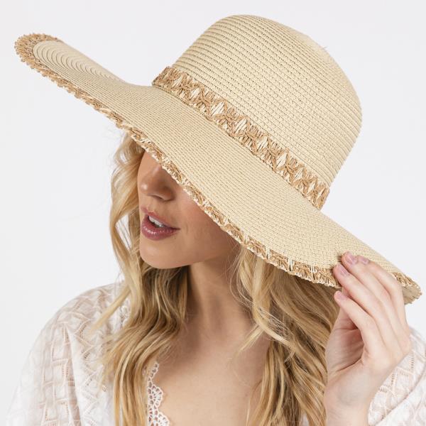 EDGE AND BAND WOVEN DETAIL WIDE BRIM FLOPPY STRAW HAT