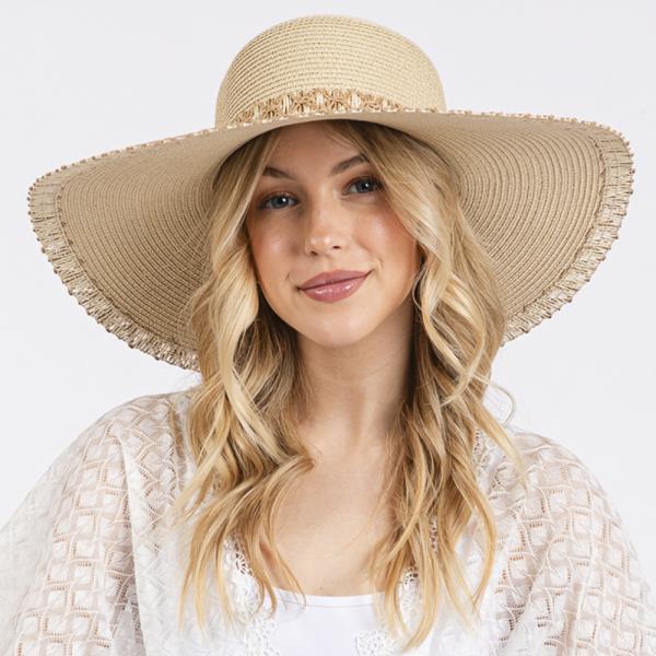 EDGE AND BAND WOVEN DETAIL WIDE BRIM FLOPPY STRAW HAT