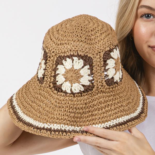 (ONLINE ONLY) FLORAL CROCHET STRAW BUCKET HAT