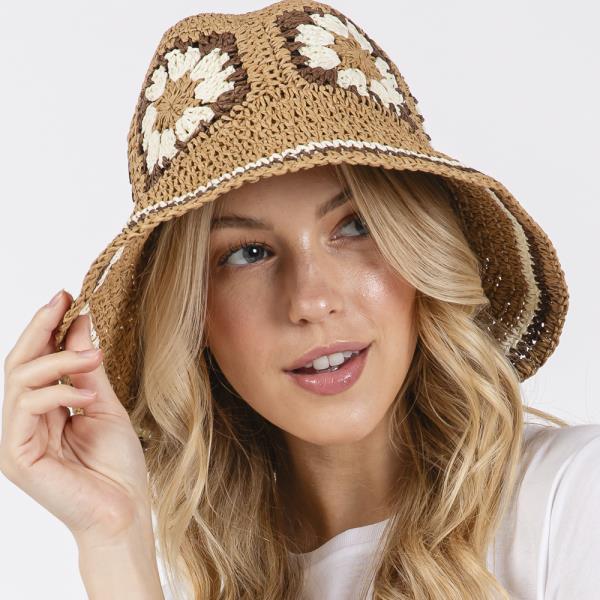 (ONLINE ONLY) FLORAL CROCHET STRAW BUCKET HAT