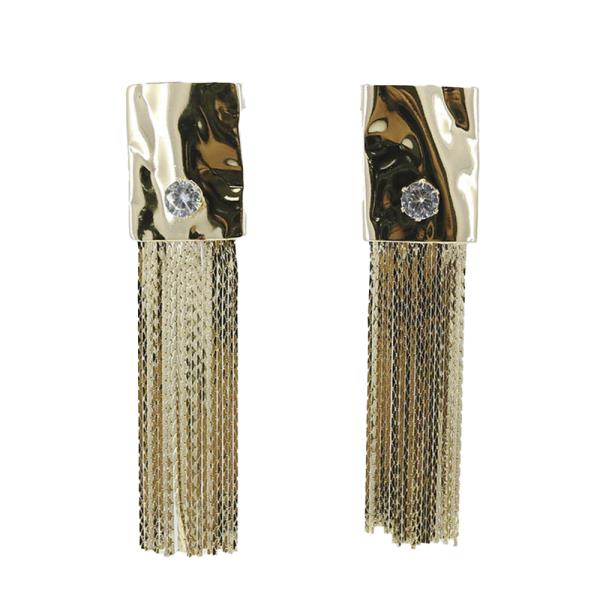 GOLD METAL TASSEL DROP EARRINGS WITH TEXTURED FINISH AND CRYSTAL ACCENT