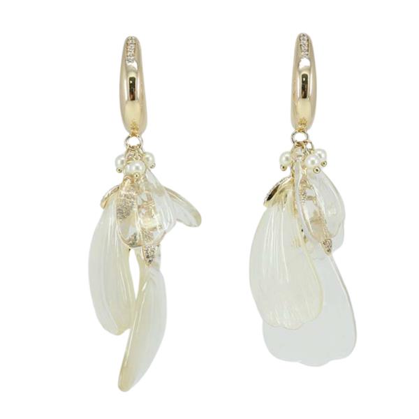 GOLD HOOP DROP EARRINGS WITH TRANSPARENT PETAL AND PEARL DETAILS