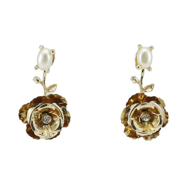 METAL ROSE PEARL POST EARRING