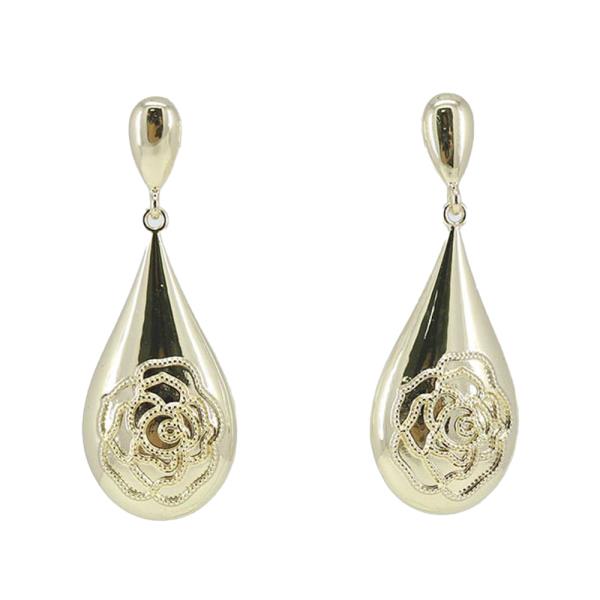 GOLD TEARDROP DANGLE EARRINGS WITH INTRICATE ROSE DETAIL