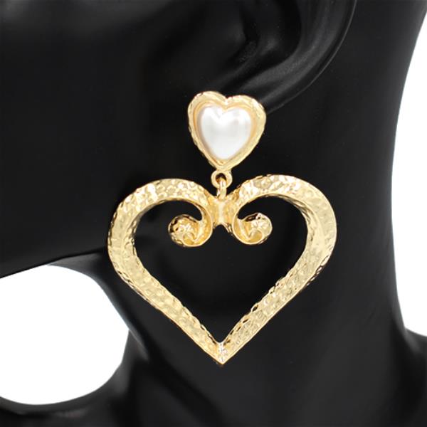 HEART SHAPE PEARL BEAD METAL DANGLE EARRING