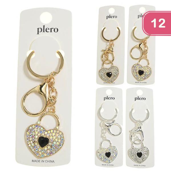 RHINESTONE HEART LOCK KEYCHAIN (12 UNITS)