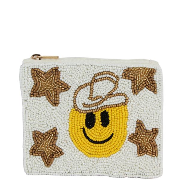 SEED BEAD WESTERN HAT HAPPY FACE COIN PURSE BAG