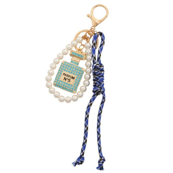 PERFUME BOTTLE RHINESTONE PEARL BEAD ROPE KEYCHAIN